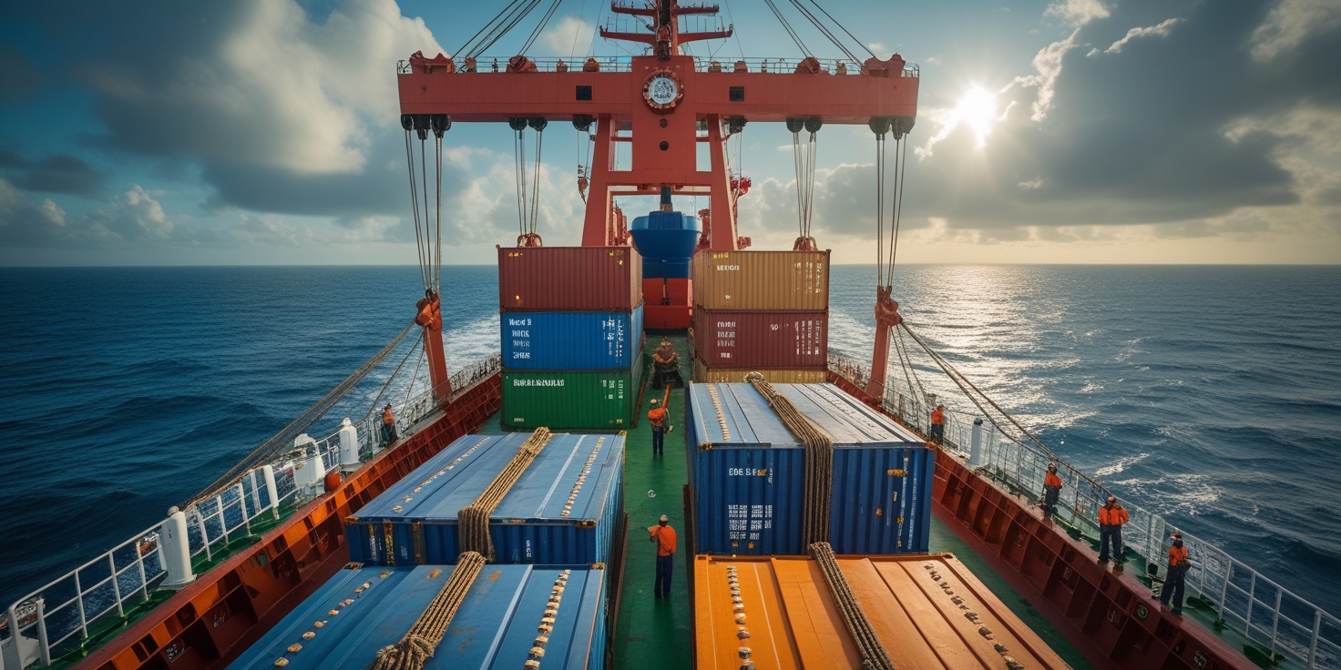 Grúas portuarias cargando contenedores en barco mercantil