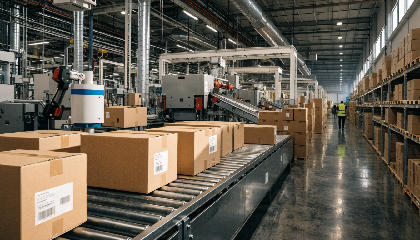 Cajas de cartón en muelle logístico de e-commerce
