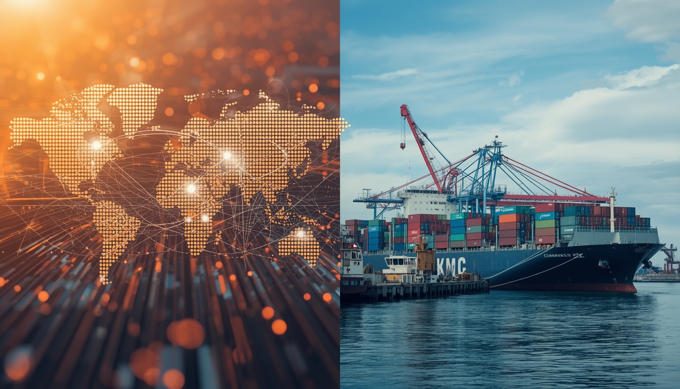 Gráfico comparativo dividido: a la izquierda, un mapamundi digital interconectado con flujos globales que representa el Comercio Internacional; a la derecha, un puerto aduanero nacional con contenedores y un sello oficial que representa el Comercio Exterior