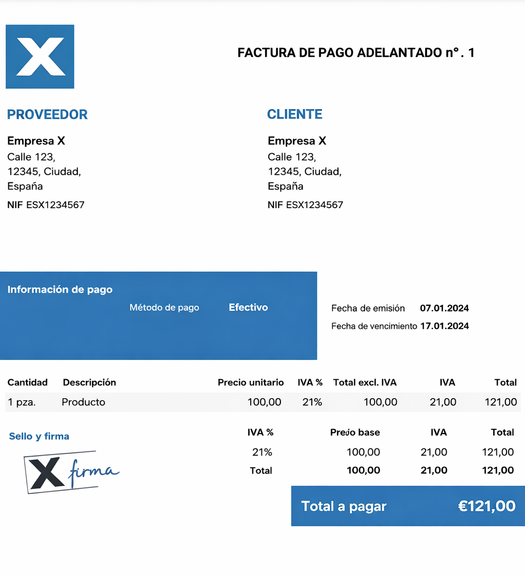 Factura de Pago Adelantado